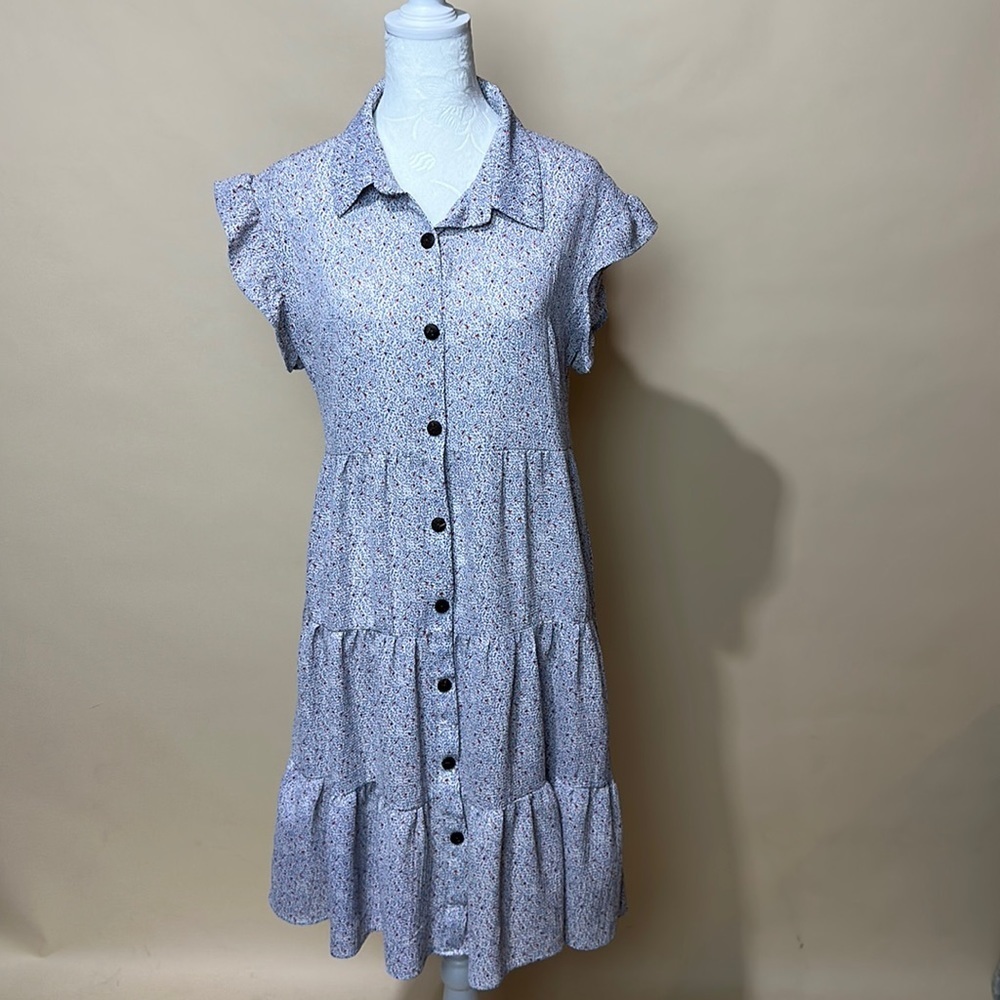 Monteau Los Angeles Blue Floral Tiered Collared Ruffle Sleeve Dress Sz m